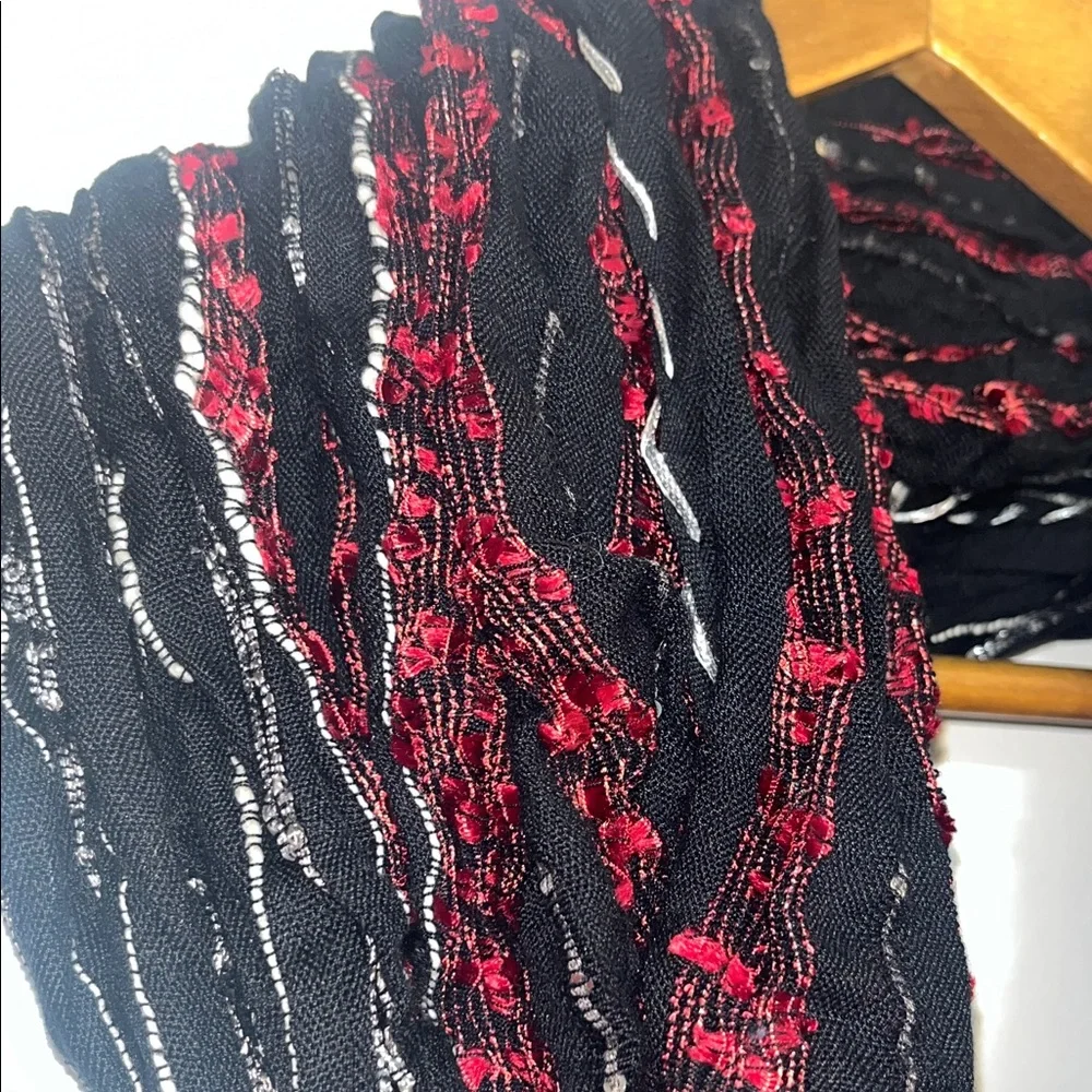 Bohemian Mixed Textile Fabric Infinity Scarf, Sequins, Sparkle Black Red Cream